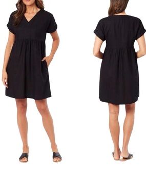 Briggs Linen Dress Large V-Neck Short Sleeve Midi Black Pockets Loose Fit